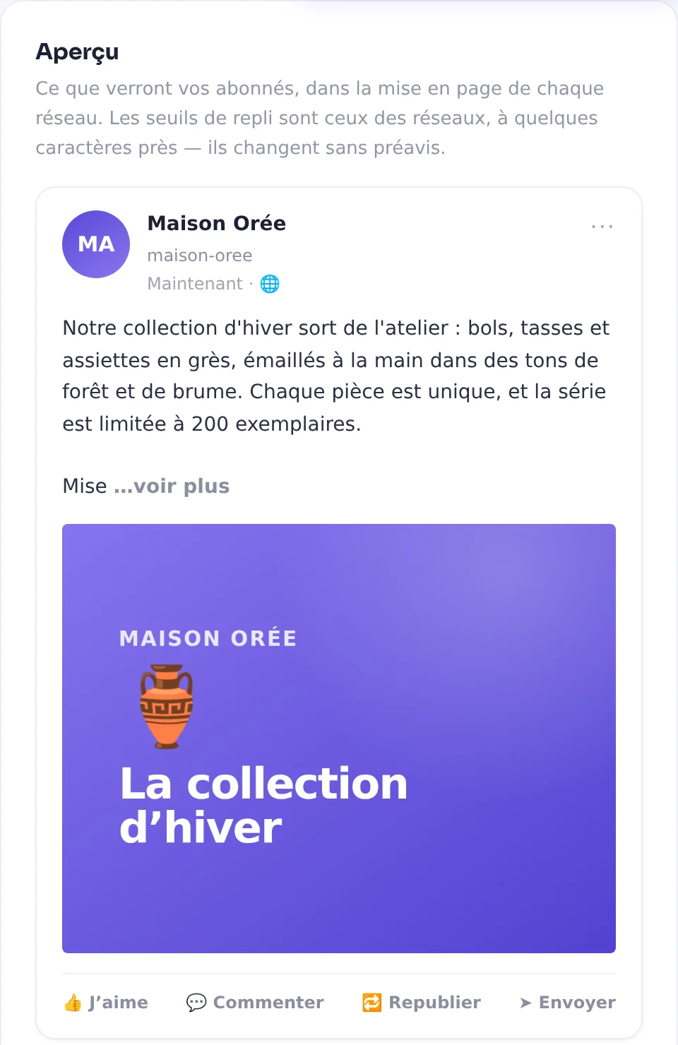 L'aperçu LinkedIn du composeur de Ts-Pulse : le texte replié après quelques lignes, suivi de « voir plus », et le visuel joint.