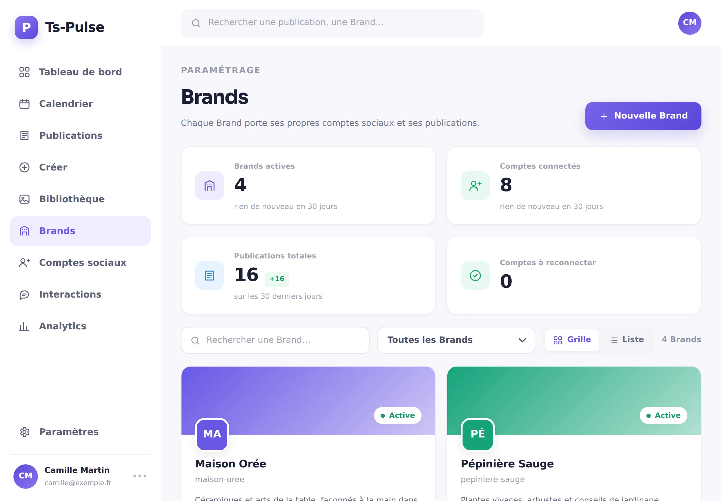 L'écran Brands de Ts-Pulse : quatre marques, leurs comptes connectés et leurs publications.