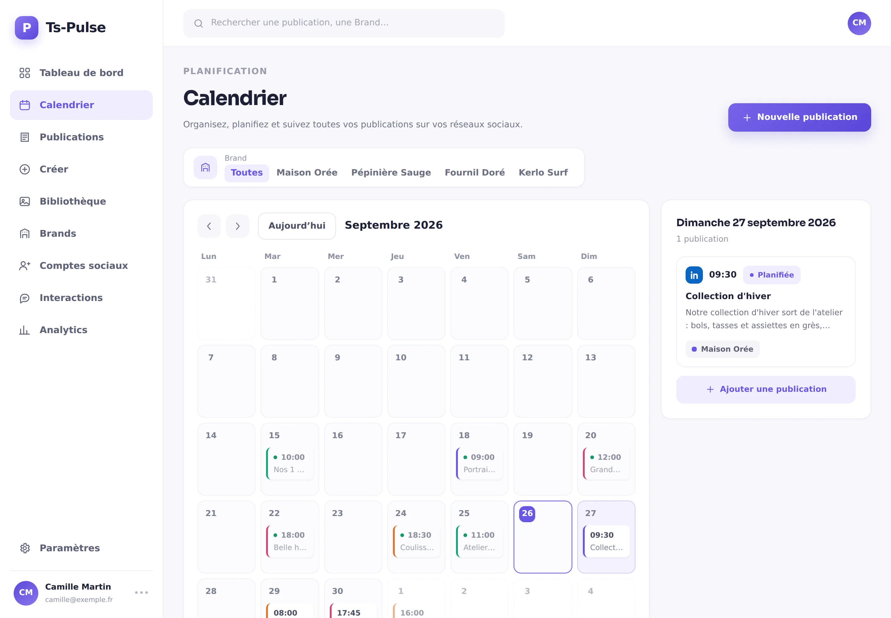 Le calendrier de Ts-Pulse : un mois de publications de quatre marques, chacune dans sa couleur, et le détail du jour sélectionné.