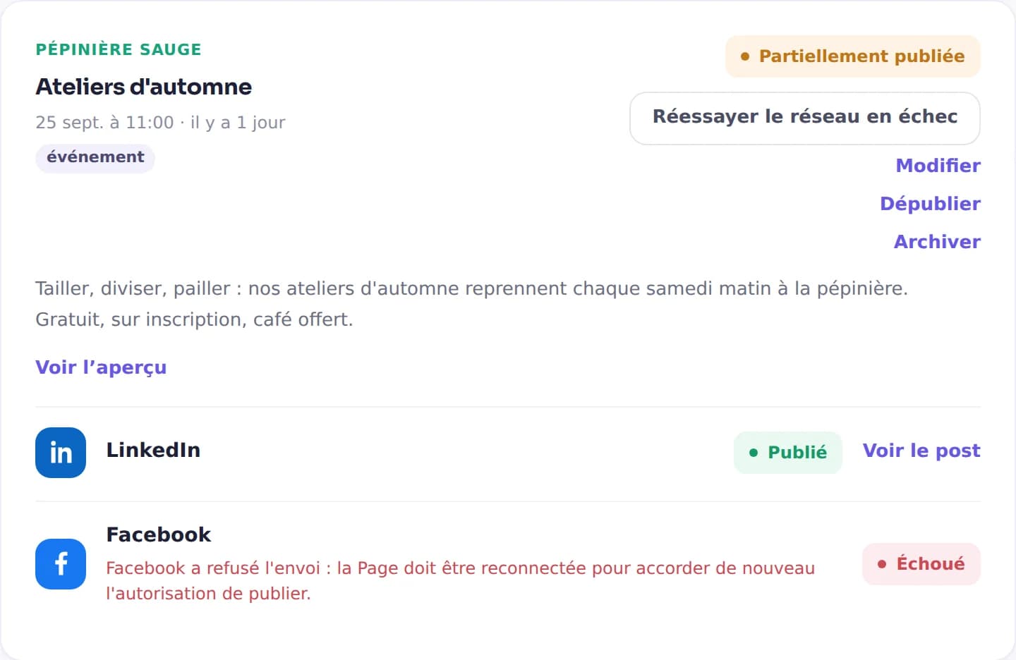 Une publication partiellement publiée dans Ts-Pulse : publiée sur LinkedIn, en échec sur Facebook avec la raison, et le bouton « Réessayer le réseau en échec ».