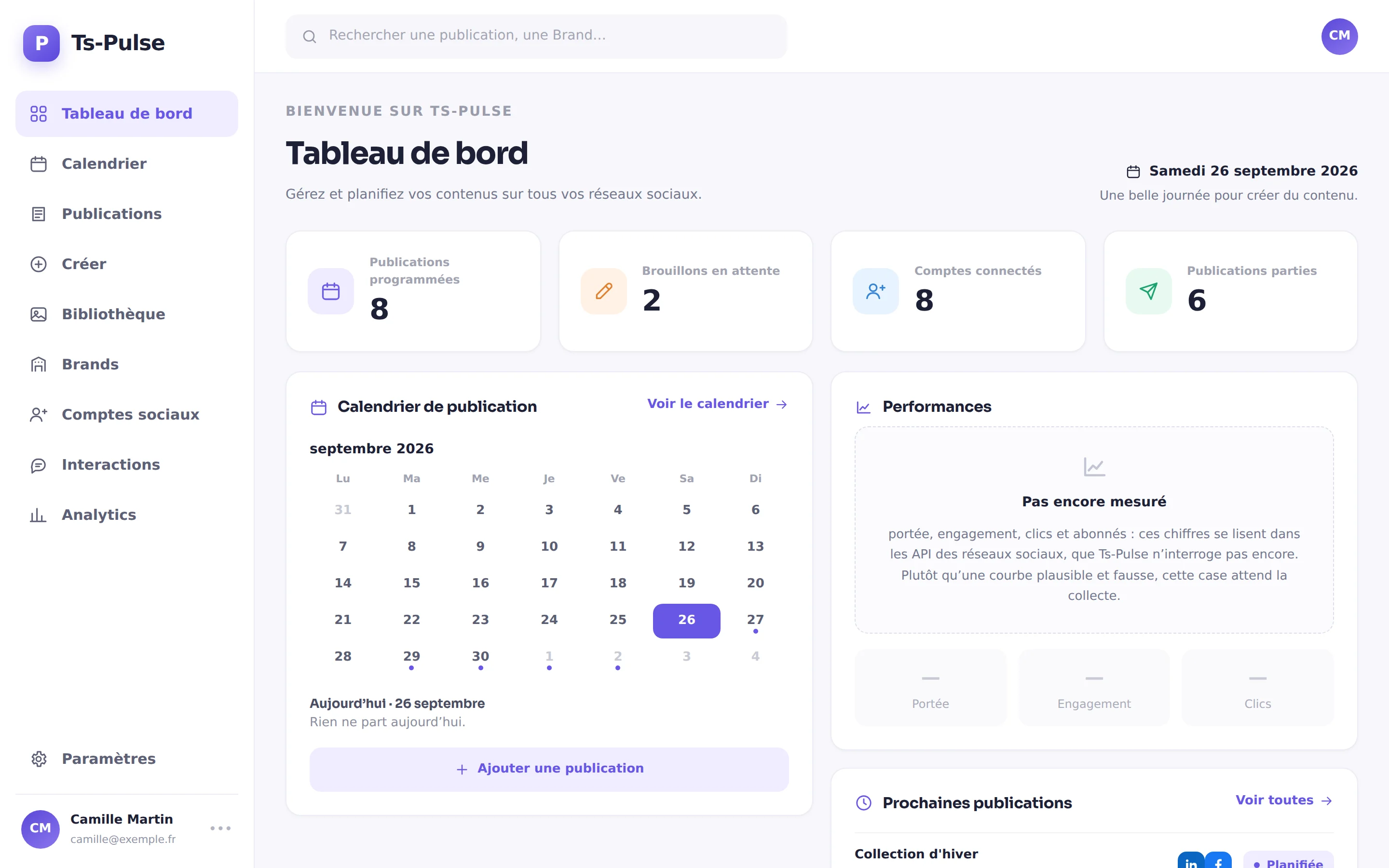 Le tableau de bord de Ts-Pulse : publications programmées, brouillons, comptes connectés et calendrier du mois.
